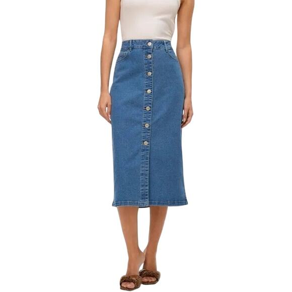Vero Moda Button Front Midi Denim Skirt Light Blue Medium NWT - Picture 2 of 6